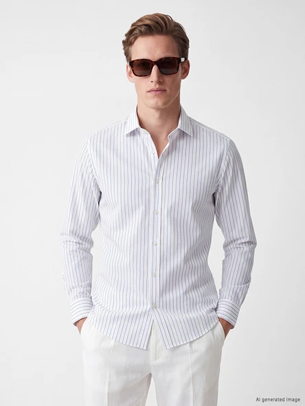 LCW BUSINESS Mavi Slim Fit Çizgili Erkek Gömlek ürün görseli 1