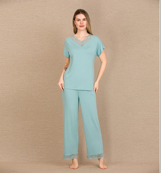 HERŞEYTREND  Viskon Şık Tasarım Dantel İşlemeli Mint Yeşil Kısa Kol Pijama Takımı ürün görseli 1