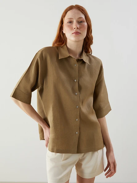 LCW Vision Haki Oversize %100 Keten Kadın Gömlek ürün görseli 1