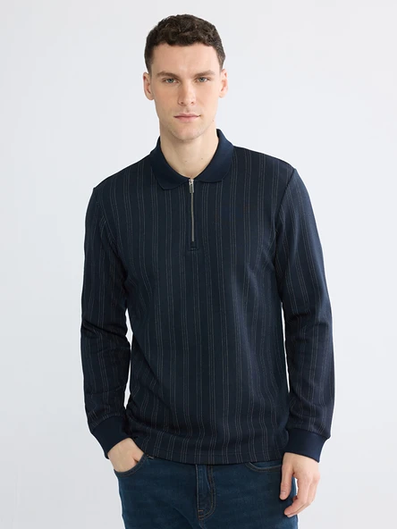 LCWAIKIKI Classic Lacivert Polo Yaka Çizgili Erkek Sweatshirt ürün görseli 1