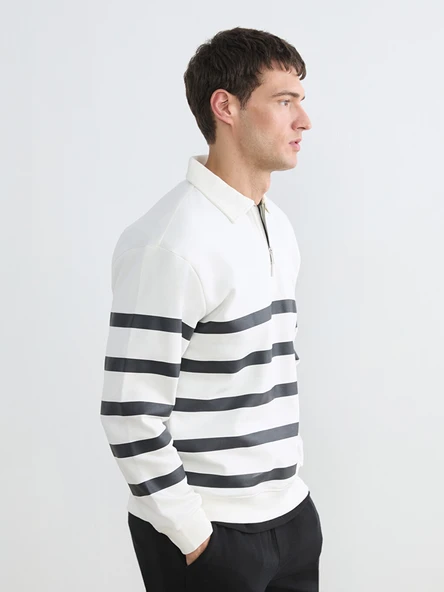 LCW Vision Beyaz Polo Yaka Çizgili Erkek Kalın Sweatshirt ürün görseli 1
