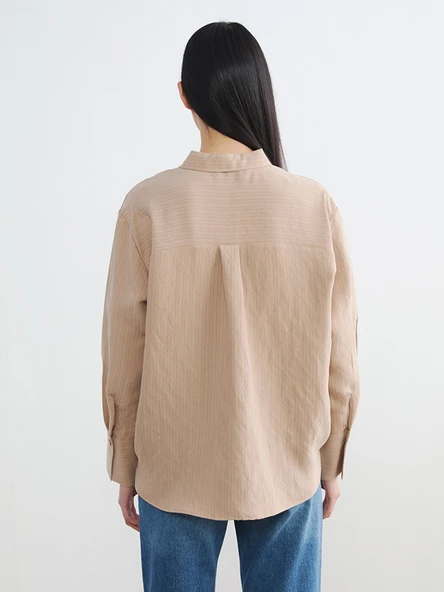 LCW Vision Bej Çizgili Oversize Kadın Gömlek - Resim 4
