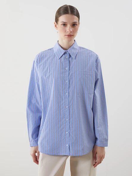 LCW Modest Mavi Çizgili Oversize Poplin Kadın Gömlek Tunik ürün görseli 1