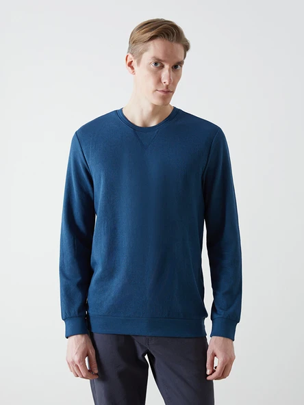 LCWAIKIKI Classic İndigo Bisiklet Yaka Uzun Kollu Erkek Sweatshirt ürün görseli 1