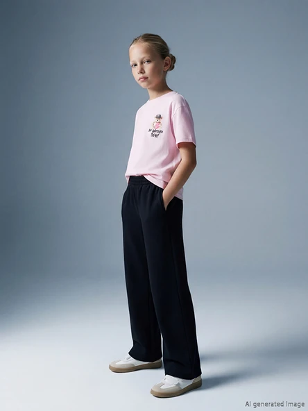 LCW Kids Siyah Geniş Paça Kız Çocuk Soft Touch Eşofman Altı ürün görseli 1