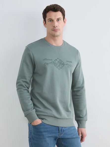 LCWAIKIKI Classic Yeşil Bisiklet Yaka Baskılı Erkek Sweatshirt ürün görseli 1