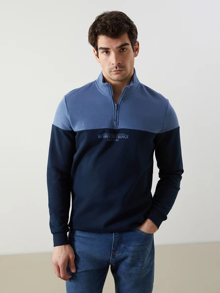 LCWAIKIKI Classic Lacivert Dik Yaka Uzun Kollu Renk Bloklu Erkek Sweatshirt ürün görseli 1