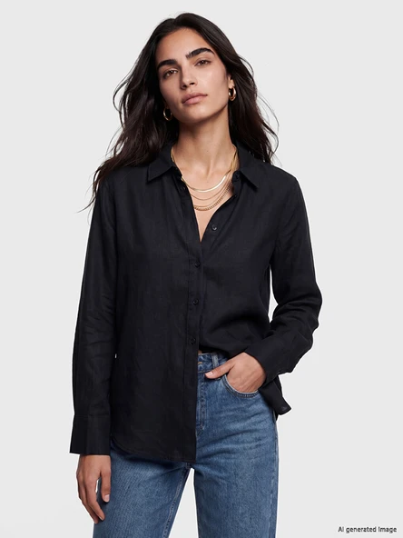 LCW Vision Siyah Oversize Kadın %100 Keten Gömlek ürün görseli 1