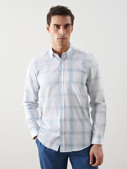LCWAIKIKI Classic Turkuaz Regular Fit Uzun Kollu Ekose Poplin Erkek Gömlek ürün görseli 1