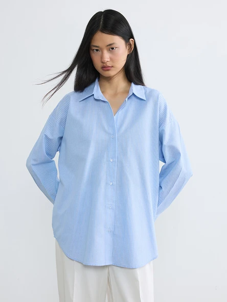 LCW Vision Mavi Çizgili Oversize Oxford Kadın Gömlek ürün görseli 1