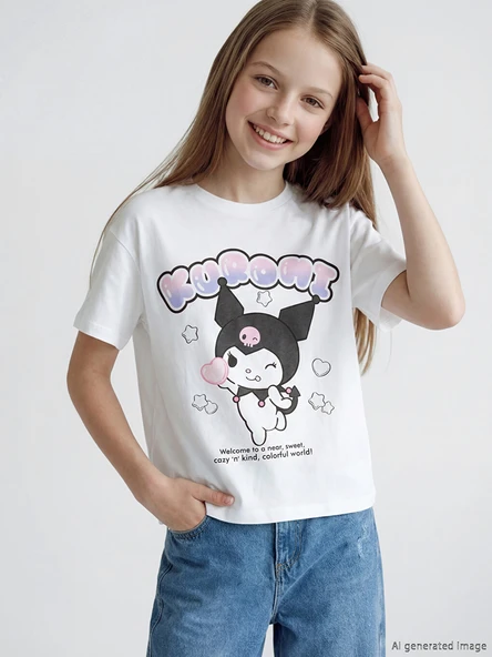 LCW Kids Beyaz Bisiklet Yaka Kuromi Baskılı Kız Çocuk Tişört ürün görseli 1