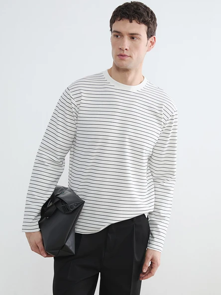 LCW Vision Ekru Bisiklet Yaka Çizgili Erkek Sweatshirt ürün görseli 1
