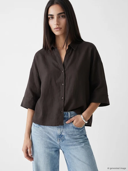 LCW Vision Kahverengi Oversize Kadın %100 Keten Gömlek ürün görseli 1