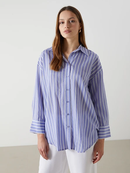 LCW Modest Mor Çizgili Oversize Kadın Gömlek Tunik ürün görseli 1