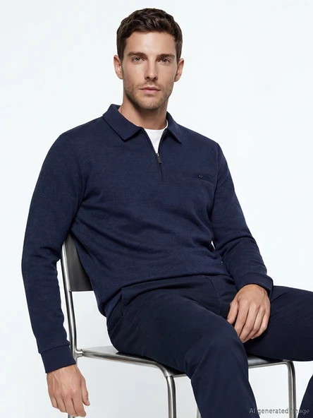 LCWAIKIKI Classic Lacivert Polo Yaka Desenli Erkek Sweatshirt ürün görseli 1