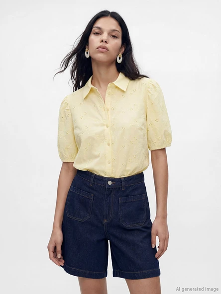 LCW Vision Sarı Balon Kollu Kadın Brode Gömlek ürün görseli 1