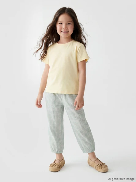 LCW Kids Yeşil Beli Lastikli Kız Çocuk Kareli Pantolon ürün görseli 1
