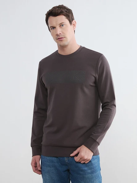 LCWAIKIKI Classic Kahverengi Bisiklet Yaka Baskılı Erkek Sweatshirt ürün görseli 1
