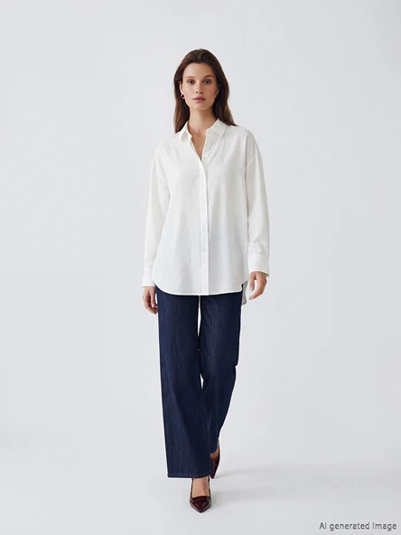 LCW Modest Ekru Oversize Kadın Gömlek Tunik - Resim 2