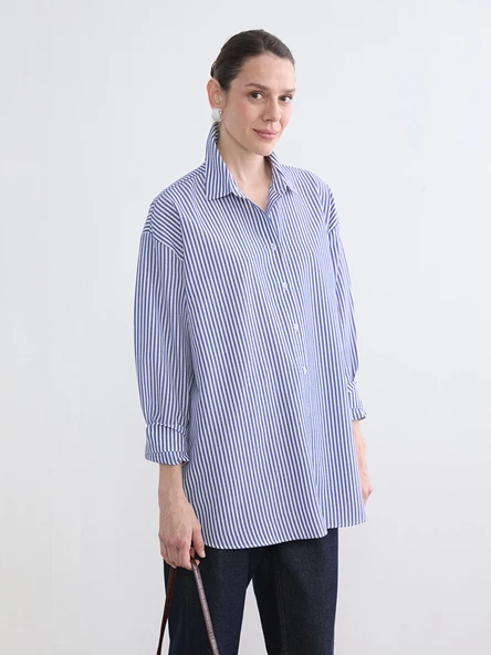 LC WAIKIKI Mavi Çizgili Oversize Poplin Kadın Gömlek Tunik ürün görseli 1