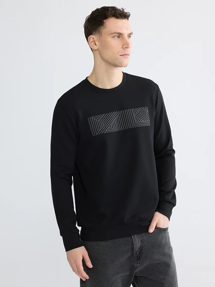 LCWAIKIKI Classic Siyah Bisiklet Yaka Baskılı Erkek Sweatshirt ürün görseli 1