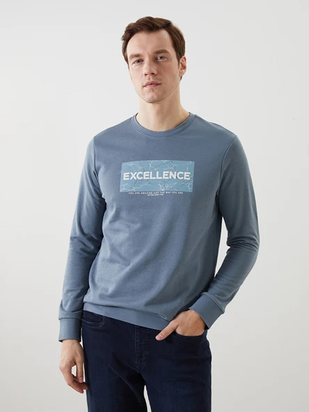 LCWAIKIKI Classic İndigo Bisiklet Yaka Uzun Kollu Baskılı Erkek Sweatshirt ürün görseli 1