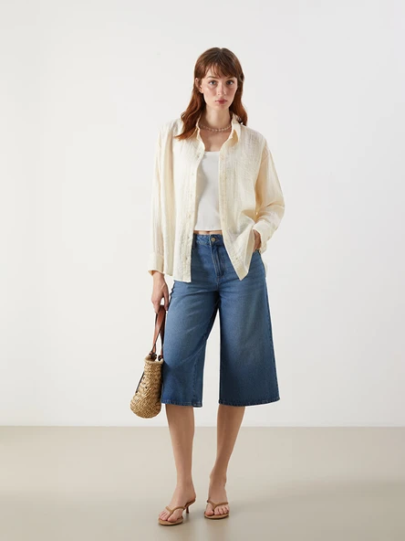 LCW Vision Bej Dokulu Oversize Kadın Gömlek - Resim 2
