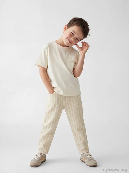 LCW Kids Bej Baggy Fit Çizgili Erkek Çocuk Gabardin Pantolon ürün görseli 1