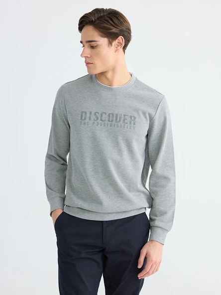 LCWAIKIKI Classic Bej Bisiklet Yaka Baskılı Erkek Sweatshirt ürün görseli 1