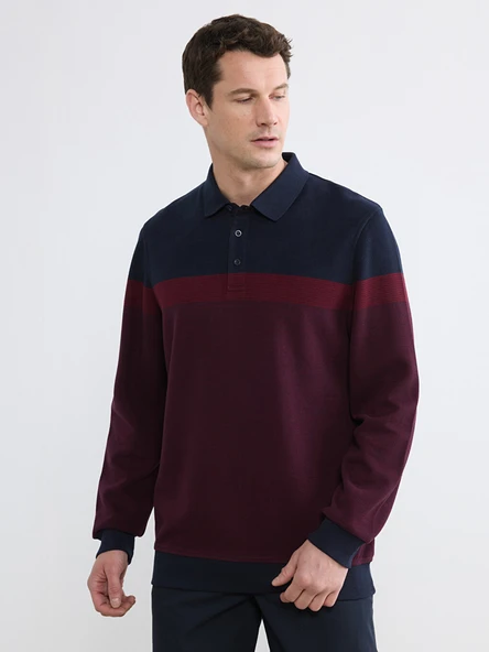 LCWAIKIKI Classic Bordo Polo Yaka Renk Bloklu Erkek Sweatshirt ürün görseli 1