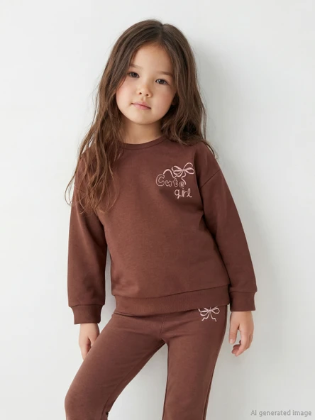 LCW Kids Kahverengi Fiyonk Baskılı Soft Touch Kız Çocuk Sweatshirt ürün görseli 1