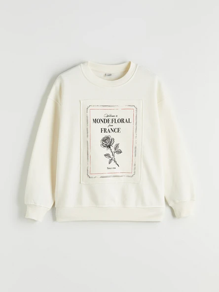 LCW Kids Ekru Bisiklet Yaka Baskılı Kız Çocuk Kalın Sweatshirt ürün görseli 1