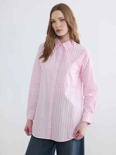LCW Modest Pembe Çizgili Kadın Gömlek Tunik ürün görseli 1