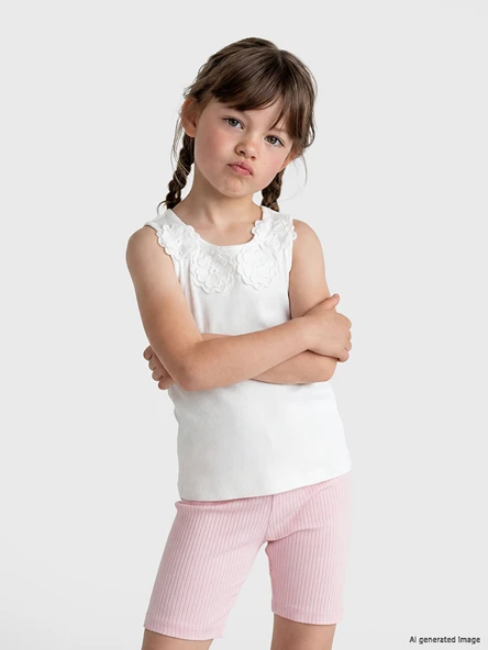 LCW Kids Beyaz Çiçek Detaylı Kız Çocuk Fitilli Atlet ürün görseli 1