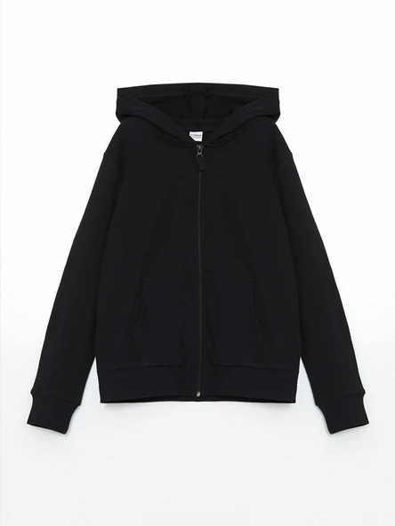 LCW Kids Siyah Kapüşonlu Basic Uzun Kollu Kız Çocuk Fermuarlı Sweatshirt ürün görseli 1