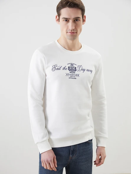 LCWAIKIKI Classic Beyaz Bisiklet Yaka Baskılı Erkek Kalın Sweatshirt ürün görseli 1