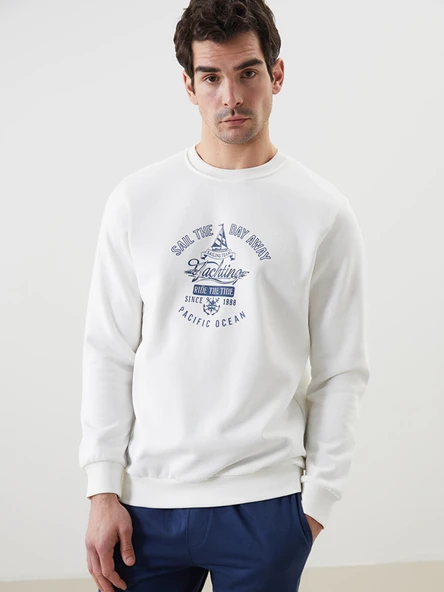 LCWAIKIKI Classic Beyaz Bisiklet Yaka Baskılı Erkek Kalın Sweatshirt ürün görseli 1