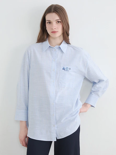 LCW Modest Mavi Çizgili Oversize Poplin Kadın Gömlek Tunik ürün görseli 1