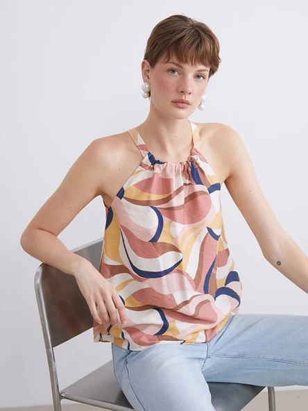 LCW Comfort Kahverengi Halter Yaka Desenli Bluz ürün görseli 1