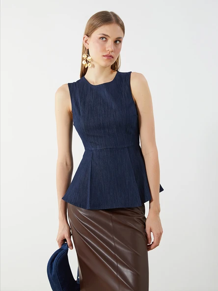 LCW Vision İndigo Bisiklet Yaka Peplum Jean Bluz ürün görseli 1