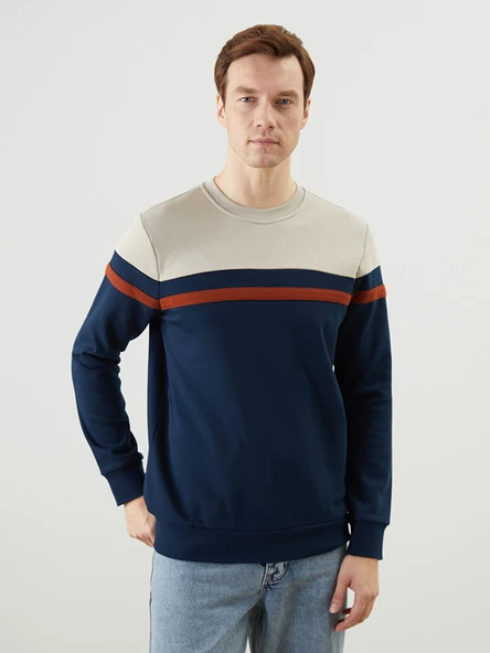 LCWAIKIKI Classic Lacivert Bisiklet Yaka Uzun Kollu Renk Bloklu Erkek Sweatshirt ürün görseli 1