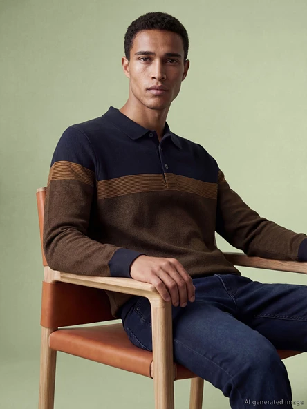 LCWAIKIKI Classic Kahverengi Polo Yaka Renk Bloklu Erkek Sweatshirt ürün görseli 1