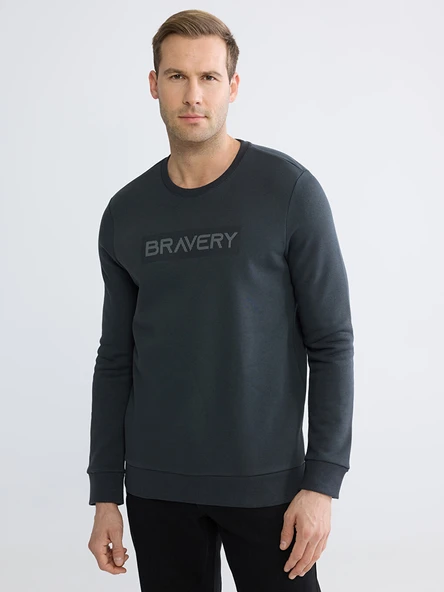 LCWAIKIKI Classic Antrasit Bisiklet Yaka Baskılı Erkek Kalın Sweatshirt ürün görseli 1
