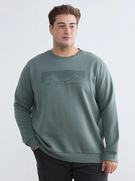 LCWAIKIKI Classic Yeşil Büyük Beden Bisiklet Yaka Baskılı Erkek Kalın Sweatshirt ürün görseli 1