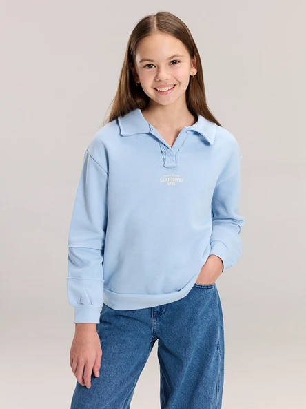LCW Kids Mavi Polo Yaka Kız Çocuk Kalın Sweatshirt ürün görseli 1