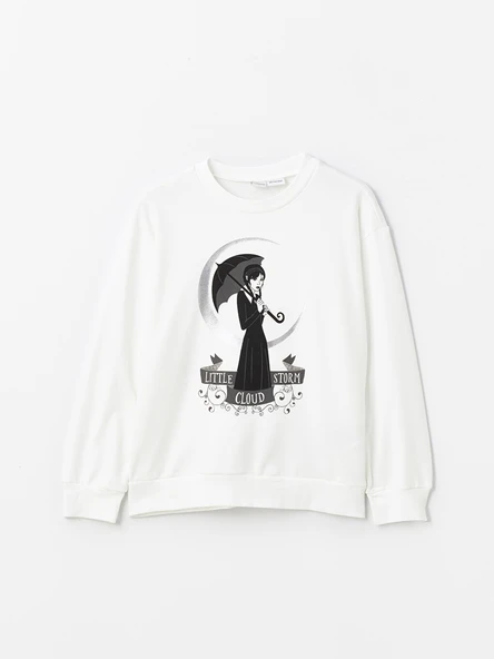 LCW Kids Beyaz Bisiklet Yaka Wednesday Baskılı Uzun Kollu Kız Çocuk Sweatshirt ürün görseli 1