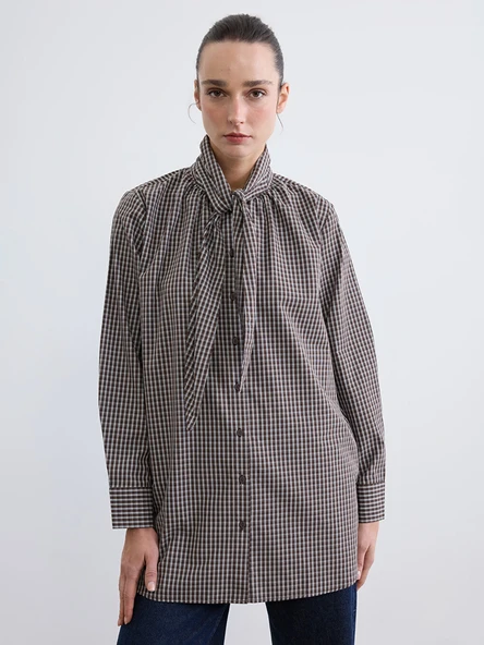 LCWAIKIKI Classic Kahverengi Bebe Yaka Ekose Oversize Kadın Gömlek Tunik ürün görseli 1