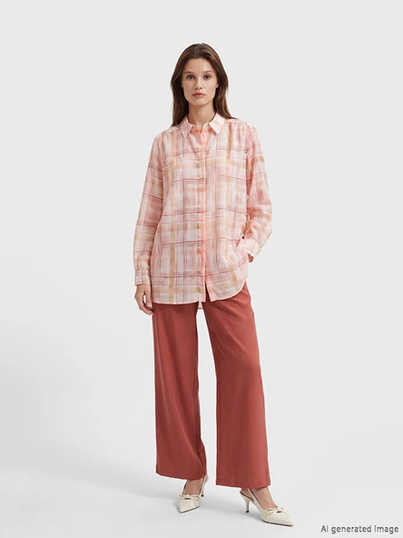 LCW Modest Pembe Ekose Oversize Kadın Gömlek Tunik - Resim 2