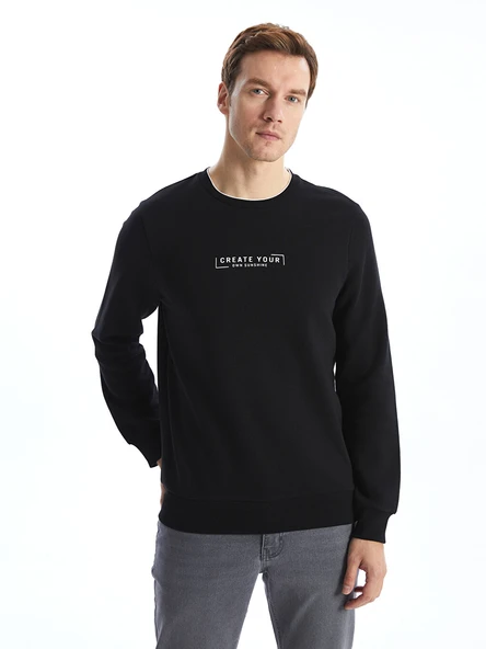 LCWAIKIKI Classic Siyah Bisiklet Yaka Baskılı Erkek Kalın Sweatshirt ürün görseli 1