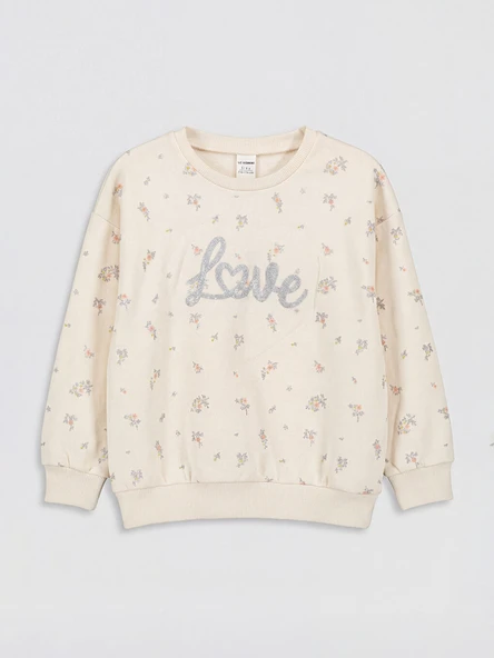 LCW Kids Ekru Bisiklet Yaka Çiçekli Kız Çocuk Sweatshirt ürün görseli 1